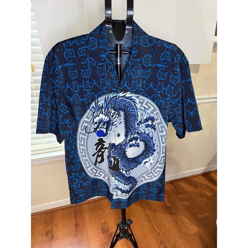 Authentic Shaolin Mens Blue Dragon Graphic Button Down Shirt Navy Y2K Medium